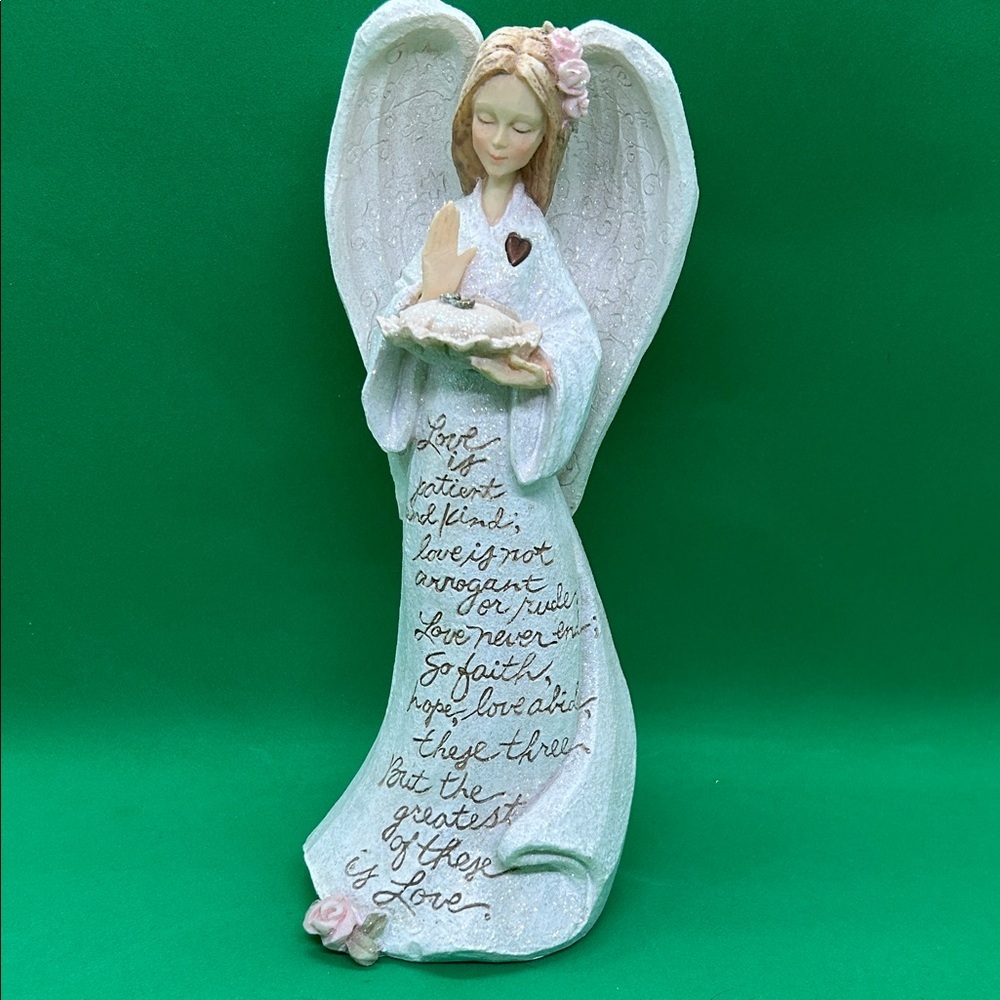 ENESCOC BY KAREN HAHN Angel  Holding Ring Pillow "Love is Patient and Kind"